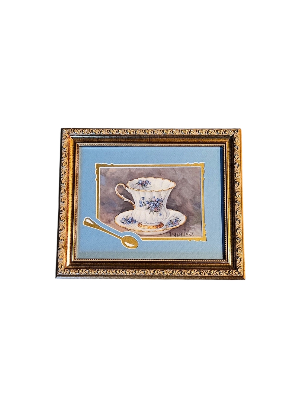 Teacup Print Picture Barbara Mock Signed Artist Frame Matted Blue 12x10 in